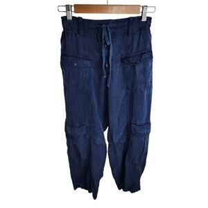 Zara Cropped Cargo Pants Womens Size Small Blue Lyocell Linen Blend Altered Hem‎